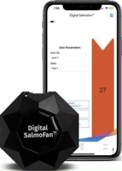 Mockup of a smartphone with an open app, with a Digital SalmoFan in front of it.