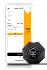 Mockup of a smartphone with an open app, with a Digital YolkFan in front of it.